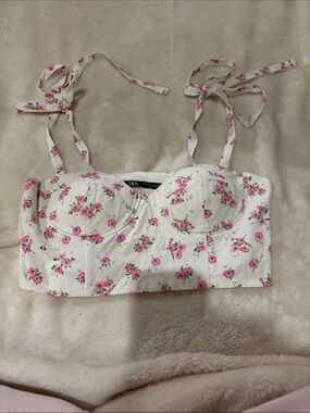 Zara White Bustier Crop Top with Pink Floral Print and Tie Straps